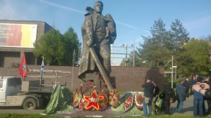 Facsimile of Berlin's monument to the Victorious Soviet Soldier erected by the Night Wolves in Moscow near the German Embassy building.