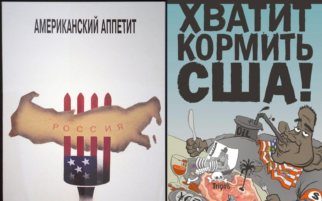 <em>NLM poster:</em> “American appetite”: <em>Russia on the fork.</em> “Stop feeding USA!”