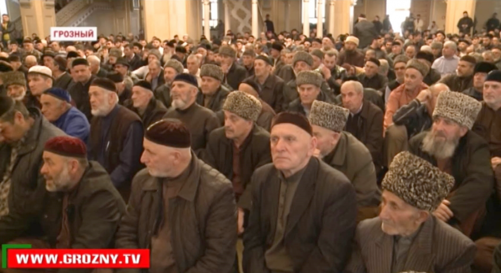 <em>The High Assembly of Islamic theologians and leaders of public opinion of Chechnya gathered in emergency, recorded from the broadcast of the official Chechen "Grozny TV"</em>
