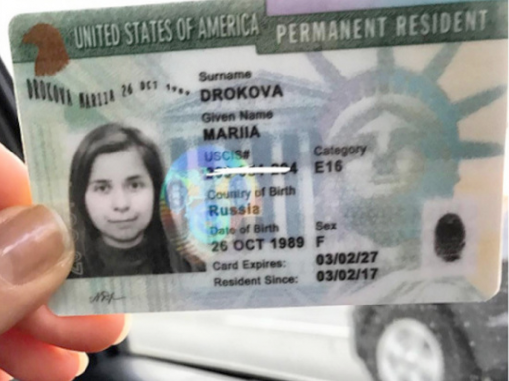 US Green Card issued to Mariia Drokova