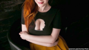 Female model wearing revealing Putin t-shirt