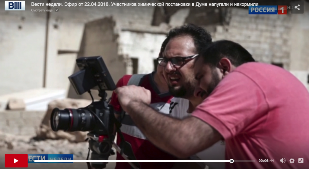 <em>The screenshot of the April 22 program of Russian State TV that asserted the West’s media faked the April 7<sup>th</sup> chemical attack in Syria.</em>