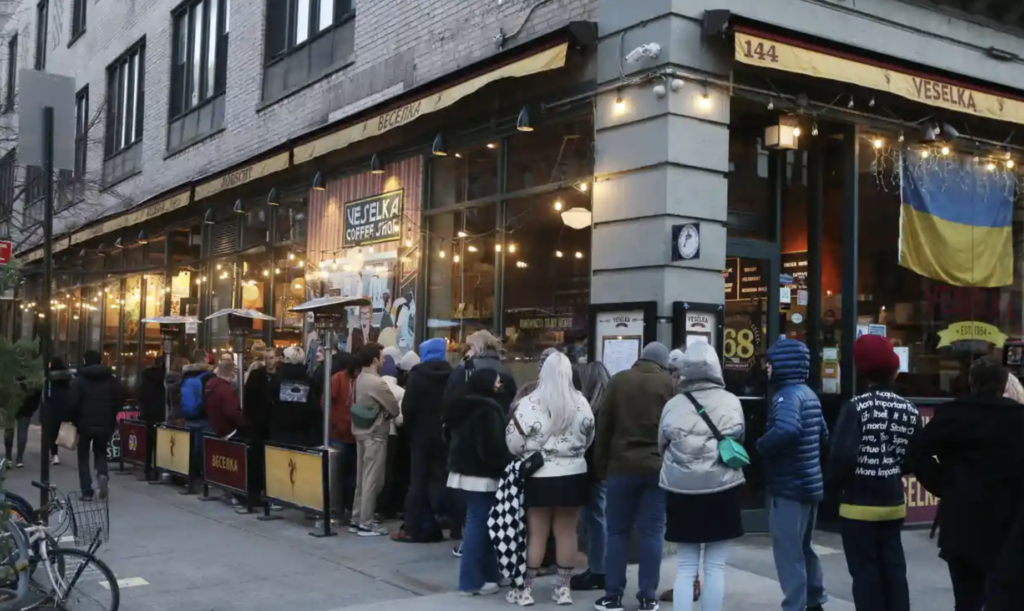The line of people to waiting to get into NY restaurant “Veselka”.